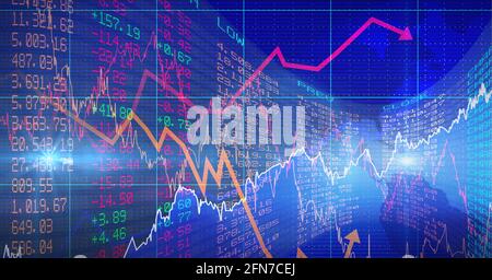 Spot of light and multiple graphs over stock market data processing on blue background Stock Photo