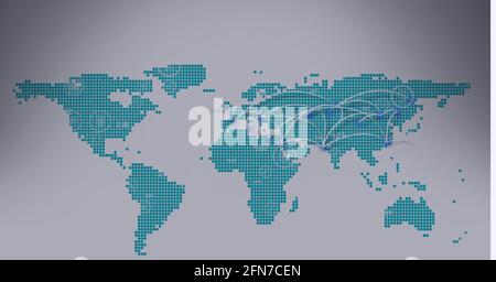 Multiple light trails over world map against grey background Stock Photo