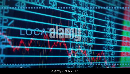 Location text and multiple graphs over stock market data processing on black background Stock Photo