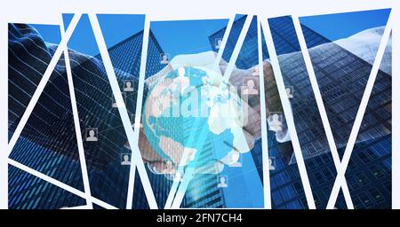 Network of profile icons and globe against mid section of two businessmen shaking hands Stock Photo