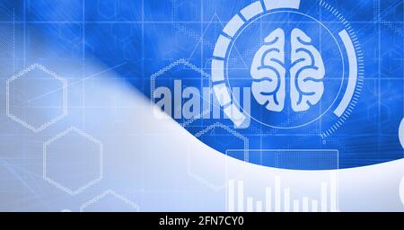 Composition of human brain medical icon with hexagons on blue background Stock Photo