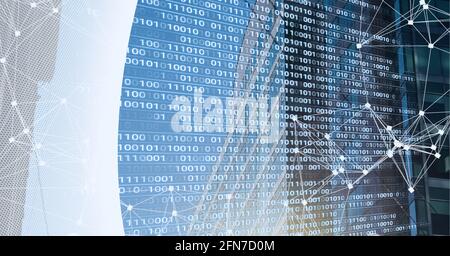 Composition of binary coding and networks of connections over cityscape Stock Photo