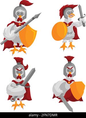 Spartan Roaster Mascot Illustration Wear Helmet Shield Sword Animal Stock Vector