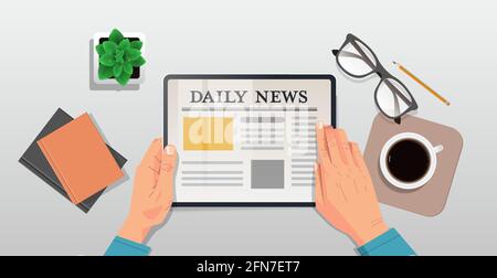 businessman reading daily news articles on tablet screen online newspaper press mass media concept desk top angle view horizontal Stock Vector