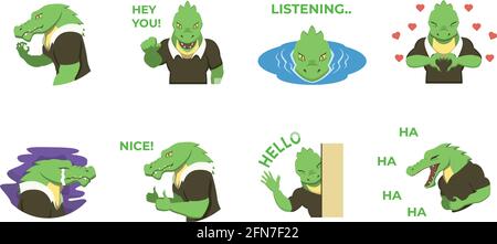 Set of Crocodile Character Vector Set Wearing Clothes with multiple expressions Stock Vector