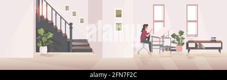 girl engineer sitting at workplace using laptop adjustable drawing desk modern living room interior Stock Vector