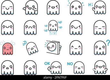 Cute White Ghost Sticker Character Vector Set with Multiple Expressions Vector Stock Vector