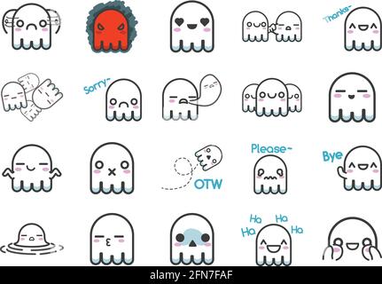 Cute White Ghost Sticker Character Vector Set with Multiple Expressions Stock Vector