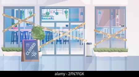closed cafe building with yellow tape coronavirus pandemic quarantine covid-19 concept Stock Vector
