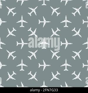White top aerial view airplane on graye background seamless pattern. Flight concept texture vector illustration. Stock Vector