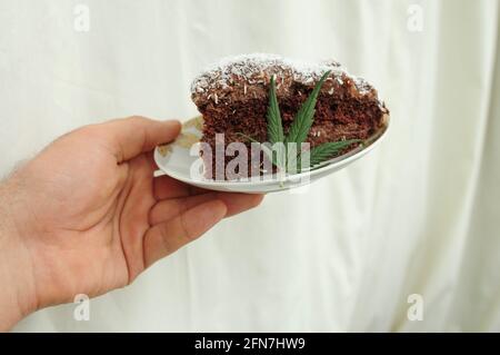 Chocolate cake with cannabis and coconut flakes isolated on white background. Stock Photo