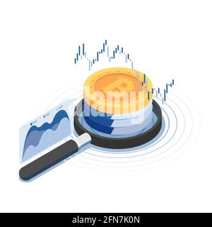 Flat 3d Isometric Bitcoin Over Magnifying Glass with Financial Chart. Cryptocurrency and Blockchain Technology Concept. Stock Vector