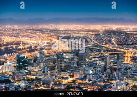 Aerial view of Cape Town from Signal Hill after sunset during the blue hour - South Africa modern city with spectacular nightscape panorama Stock Photo