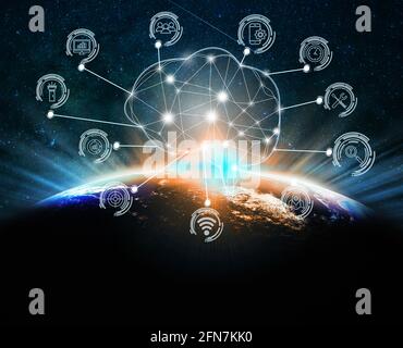 Polygonal brain shape of artificial intelligence with various icon of smart city Internet of Things Technology over Part of earth over the Milky Way b Stock Photo