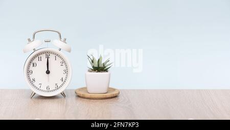 12 o'clock on the white circle alarm clock. Alarm clock on wooden table with houseplant. Minimal composition with space for text. Stock Photo