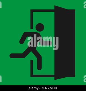 Running man and exit door sign. Vector icon, safety symbol. Escape help evacuation . Stock Vector