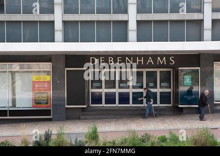 Debenhams Department Stores which will close on Saturday 15  May 2021.   Sheffield City Centre which is undergoing redevelopment but has seen a number of Department Stores closing.  Many have been located in the City Centre for many years. Namely; John Lewis (Formely Cole Brothers), Debenhams, Atkinsons and TJ Hugh. Stock Photo