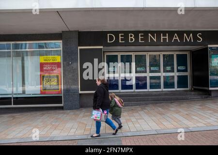 Debenhams Department Stores which will close on Saturday 15  May 2021.   Sheffield City Centre which is undergoing redevelopment but has seen a number of Department Stores closing.  Many have been located in the City Centre for many years. Namely; John Lewis (Formely Cole Brothers), Debenhams, Atkinsons and TJ Hugh. Stock Photo