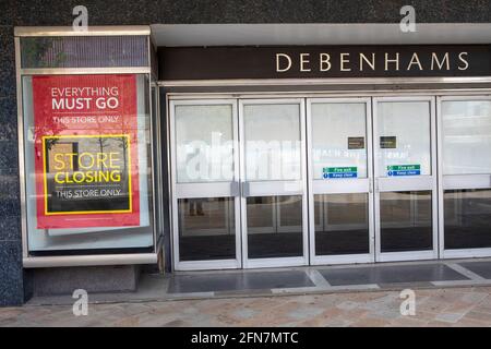 Debenhams Department Stores which will close on Saturday 15  May 2021.   Sheffield City Centre which is undergoing redevelopment but has seen a number of Department Stores closing.  Many have been located in the City Centre for many years. Namely; John Lewis (Formely Cole Brothers), Debenhams, Atkinsons and TJ Hugh. Stock Photo