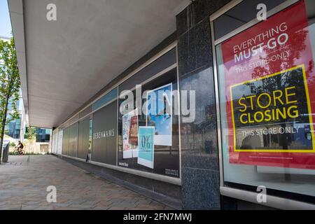 Debenhams Department Stores which will close on Saturday 15  May 2021.   Sheffield City Centre which is undergoing redevelopment but has seen a number of Department Stores closing.  Many have been located in the City Centre for many years. Namely; John Lewis (Formely Cole Brothers), Debenhams, Atkinsons and TJ Hugh. Stock Photo