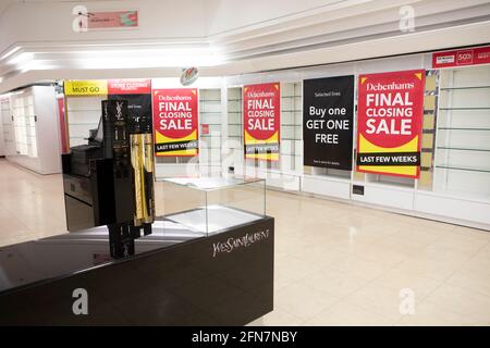 Debenhams Department Stores which will close on Saturday 15  May 2021.   Sheffield City Centre which is undergoing redevelopment but has seen a number of Department Stores closing.  Many have been located in the City Centre for many years. Namely; John Lewis (Formely Cole Brothers), Debenhams, Atkinsons and TJ Hugh. Stock Photo