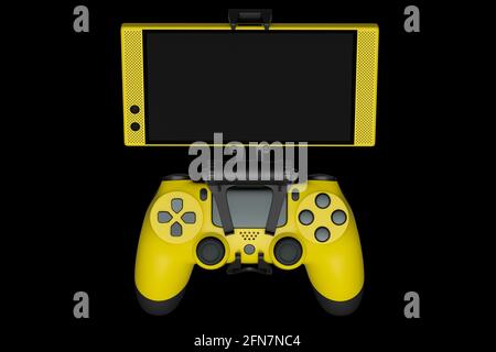 Realistic yellow joystick for playing games on mobile phone on black background Stock Photo