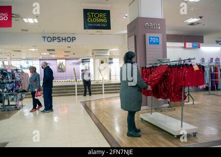Debenhams Department Stores which will close on Saturday 15  May 2021.   Sheffield City Centre which is undergoing redevelopment but has seen a number of Department Stores closing.  Many have been located in the City Centre for many years. Namely; John Lewis (Formely Cole Brothers), Debenhams, Atkinsons and TJ Hugh. Stock Photo