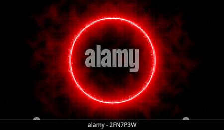 Neon laser vibrant circle with sparks, haze, and laser grid on starry space background. Red vivid round shape. Cyberspace. Futuristic sci-fi Stock Vector