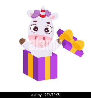 Cute magical unicorn jumping from gift box. Funny magic unicorn cartoon character for print, cards, baby shower, invitation, wallpapers, decor. Bright Stock Vector