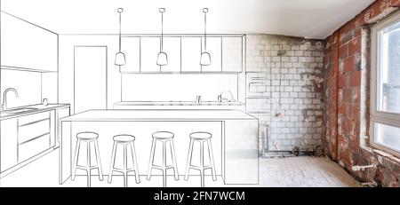 renovation concept drawing of a kitchen plan merge with interior photo Stock Photo