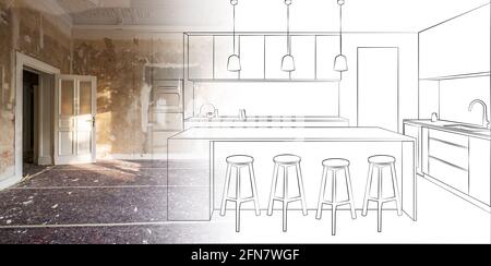 kitchen plan illustration and room berfore renovation concept drawing - Stock Photo