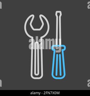 Screwdriver and wrench vector flat icon on dark background. Construction, repair and building. Graph symbol for your web site design, logo, app, UI Stock Vector