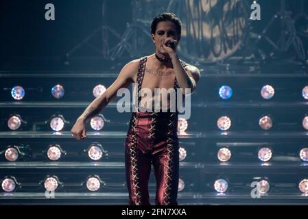 Rotterdam, Netherlands. 15th May 2021. Maneskin (Damiano David, Victoria De Angelis, Thomas Raggi, Ethan Torchio), representing Italy performing the song Zitti e buoni at the rehearsal of the Eurovision song contest 2021. Credit: Nearchos/Alamy Live News Stock Photo