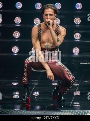 Rotterdam, Netherlands. 15th May 2021. Maneskin (Damiano David, Victoria De Angelis, Thomas Raggi, Ethan Torchio), representing Italy performing the song Zitti e buoni at the rehearsal of the Eurovision song contest 2021. Credit: Nearchos/Alamy Live News Stock Photo