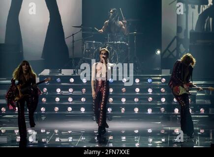 Rotterdam, Netherlands. 15th May 2021. Maneskin (Damiano David, Victoria De Angelis, Thomas Raggi, Ethan Torchio), representing Italy performing the song Zitti e buoni at the rehearsal of the Eurovision song contest 2021. Credit: Nearchos/Alamy Live News Stock Photo