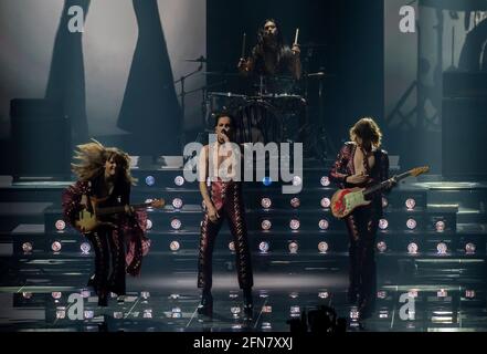 Rotterdam, Netherlands. 15th May 2021. Maneskin (Damiano David, Victoria De Angelis, Thomas Raggi, Ethan Torchio), representing Italy performing the song Zitti e buoni at the rehearsal of the Eurovision song contest 2021. Credit: Nearchos/Alamy Live News Stock Photo