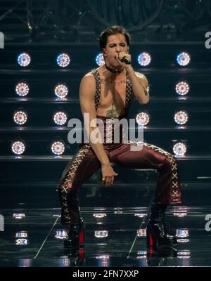 Rotterdam, Netherlands. 15th May 2021. Maneskin (Damiano David, Victoria De Angelis, Thomas Raggi, Ethan Torchio), representing Italy performing the song Zitti e buoni at the rehearsal of the Eurovision song contest 2021. Credit: Nearchos/Alamy Live News Stock Photo