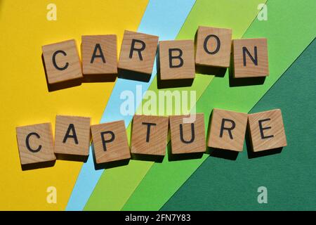 Carbon Capture, words in wooden alphabet letters isolated on green, blue and yellow Stock Photo