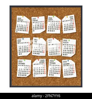 2022 calendar on paper sheets over a framed cork board. Vector illustration. Stock Vector