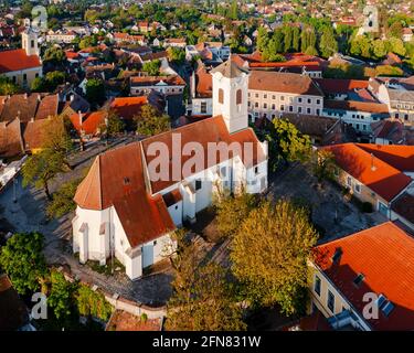 St. John's Parish Church in Szentendre in Hungary. Amazing aerial shot of the church. This plce is part of a beautiful downtown near by Budapest Stock Photo