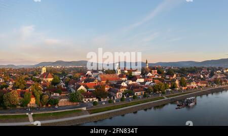 Splendid aerial cityscape about Szentendre in Hungary. Amazing little old town near by Budapest. There are beautiful old colorful houses in downtown Stock Photo