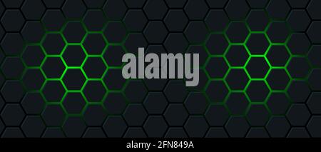 Black hexagon and green light Abstract background Stock Vector