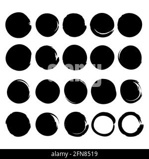 Abstract grunge circles for decorative design. White background. Textured abstract black circles. Vector hand drawn ink design elements. Stock Vector