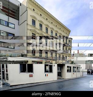 Checkpoint Charlie, Berlin, composite photo, showing 1984 and 2021 on one photo. Past (1984) and present (2021) Stock Photo