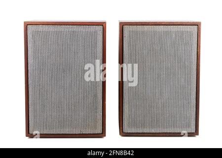 Two vintage speakers with fabric grills isolated on white background. Stock Photo
