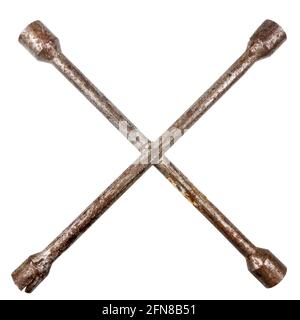 Old rusty broken car wheel wrench isolated on white background. Stock Photo