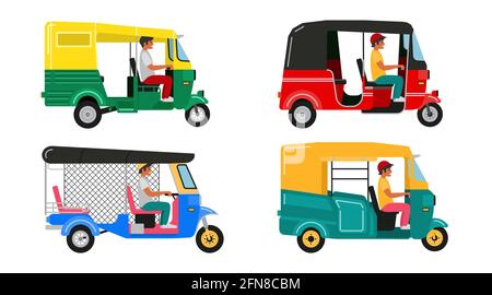 Set Indian motor rickshaw car. Asian tuk tuk. Vector illustration Stock Vector