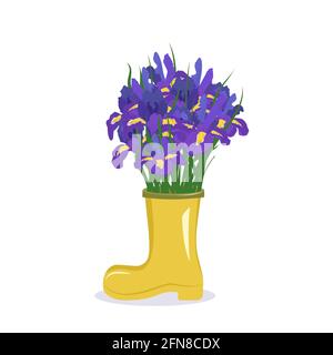 Cute spring and summer purple flowers in a vase. A bouquet of irises in a yellow boot as a gift. Interior Design. Plant shop Stock Vector