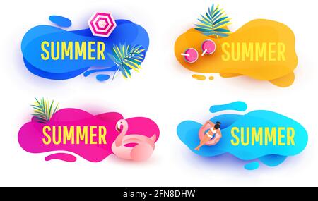 Summer sale banner template set. Liquid abstract geometric bubble with tropical leaves, beach accessories on white background. Stock Vector