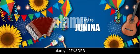 Festa junina banner with colorful pennants, balloons, sunflowers, accordion, guitar and maracas. june brazilian festival banner Stock Vector